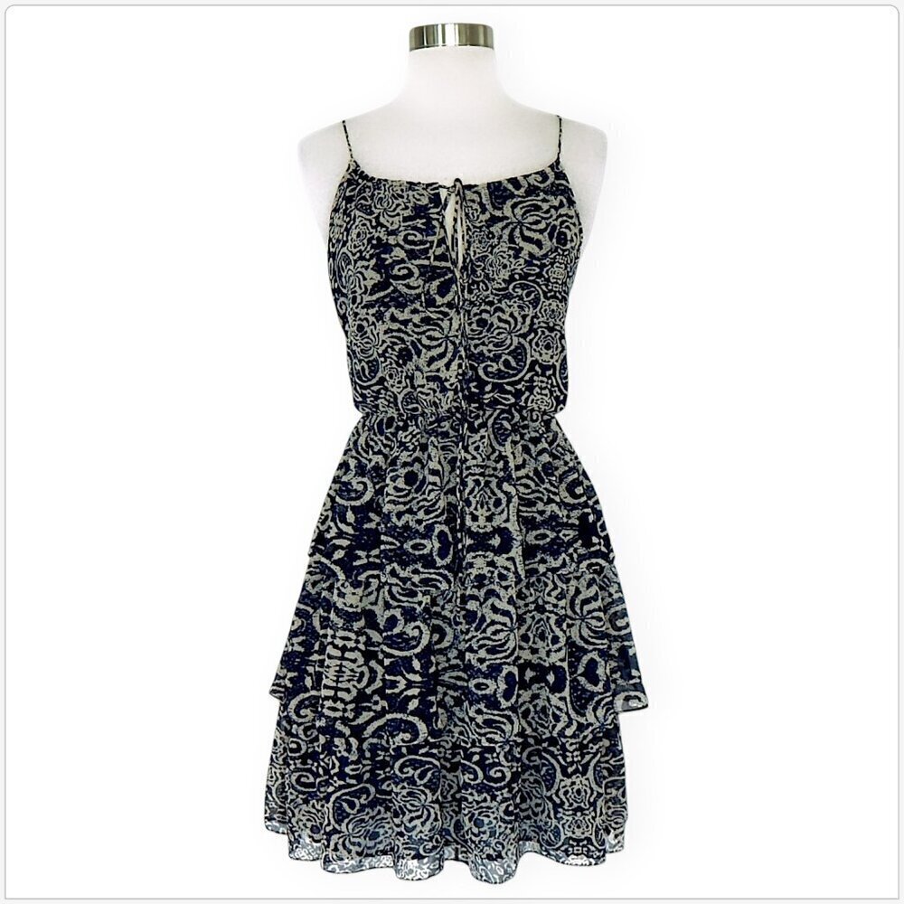 Robbi & Nikki Navy Beige Scroll Batik Tiered Layered Summer Slip Dress Size XS
